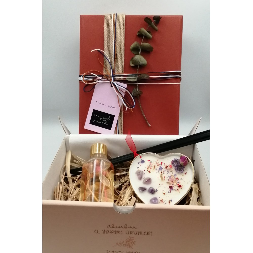 ÖZEL HEDİYE SETİ /SERAMİK KALP / Enerji Taşlı, Koku Seçimli / CocoSoy Mumu ve Oda Kokusu 